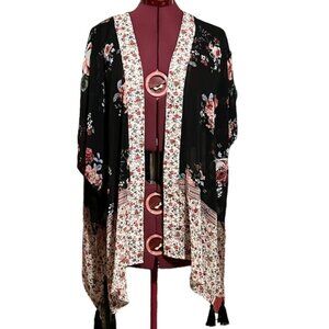 XHILARATION BOHO SHEER BLACK & PINK FLORAL KIMONO XS/S